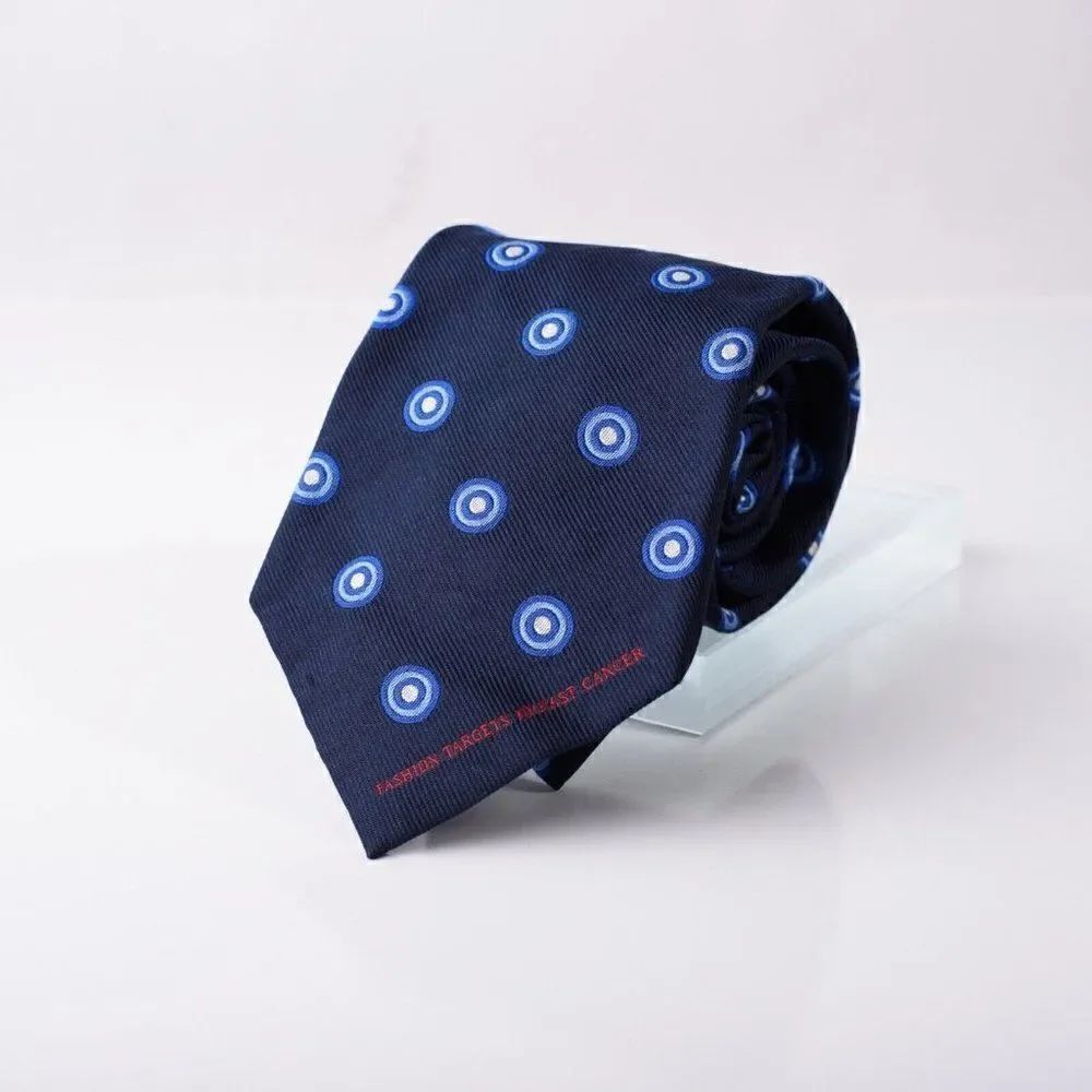 Ralph Lauren Navy Blue Mens Neck Tie Silk Blue Circles Geometric Breast Cancer
